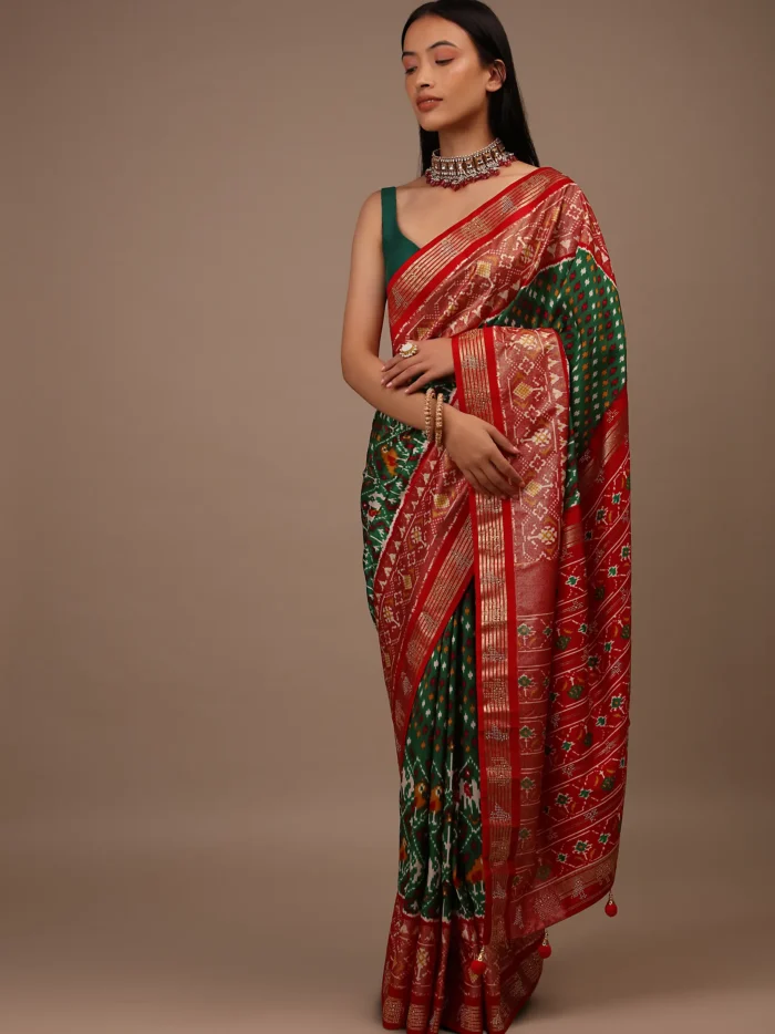bottle_green_saree_in_silk_with_multi_colored_patola.webp