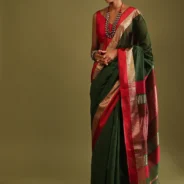 cypress-green-saree-in-tussar-silk-with-gold-and-red-woven-border-and-striped-pallu-1.webp